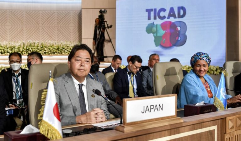 (Front L to R) Japan's Foreign Minister Yoshimasa Hayashi and United Nations Deputy Secretary-General Amina J. Mohammed attend the opening session of the eighth Tokyo International Conference on African Development (TICAD) in Tunisia's capital Tunis on August 27, 2022. - Japan opened the Africa investment conference seeking to counter the influence of rival China which has steadily grown its economic imprint on the continent. It takes place amid a "complex" international environment caused by the coronavirus pandemic and the war in Ukraine. Some 30 heads of state and government are expected to attend the event at a time when the import-dependent North African nation is grappling with a deepening economic malaise. (Photo by FETHI BELAID / POOL / AFP)